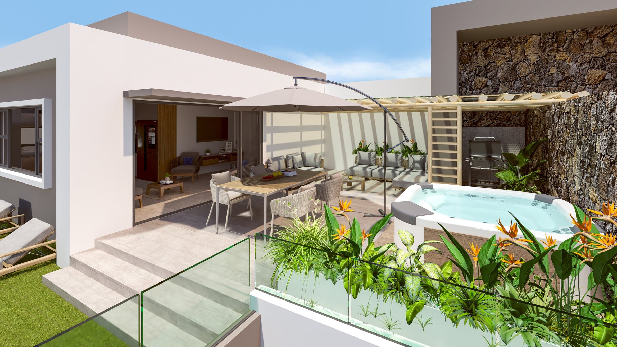 Elegant 2-Bedroom Penthouse with Expansive Terrace, Pergola & Jacuzzi in Tamarin